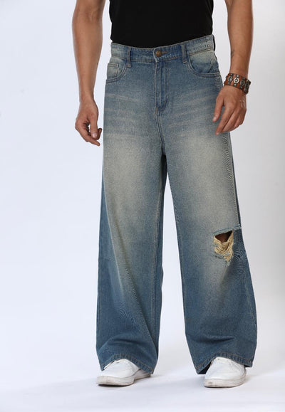 Denim Pant Knee Torned Wash Light Blue