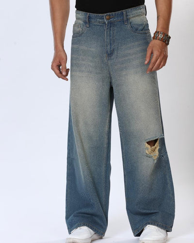 Denim Pant Knee Torned Wash Light Blue